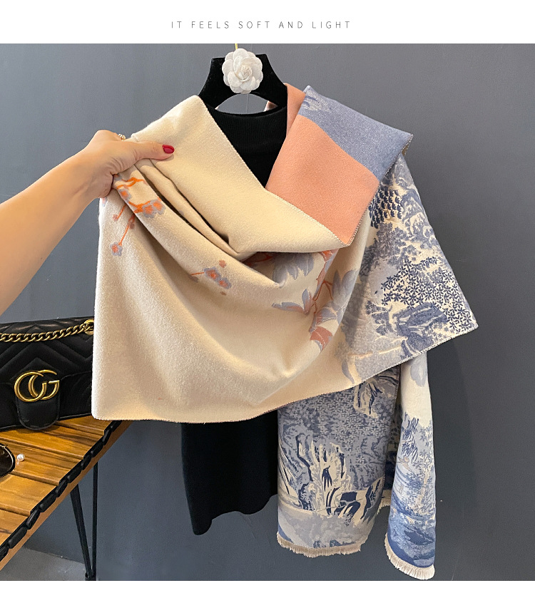 630g Weight Scarf Classification Daily Occasion Imitation cashmere Material Landscape Pattern Autumn&Winter Season Women's Gender Tassel Design Elegant, Simple Style Style Women's Elegant Simple Style Landscape Imitation Cashmere Tassel Scarf