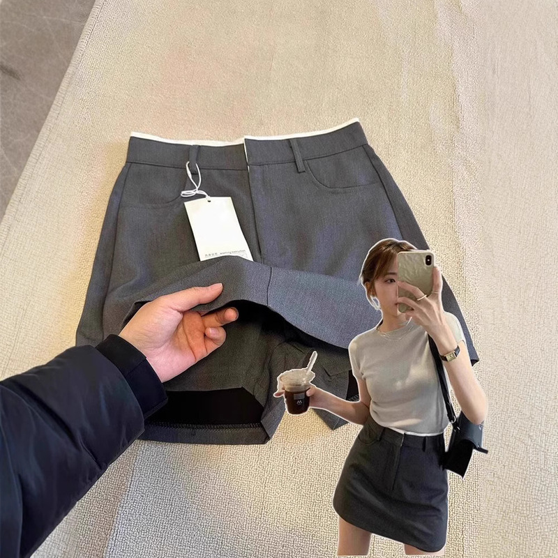 Spot Gray Suit Skirt for Women Spring Plus Size Fat mm High Waist Covering the Crotch and Slimming Look A-Line Pants Skirt Pear-Shaped Body Short