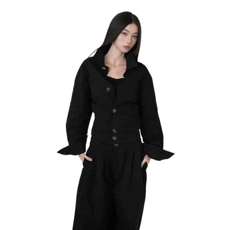 GraceChic GraceChic Autumn Hepburn Style "Urban Elite" Crisp Texture Waist-Cinching Short Shirt And Pleated Wide-Leg Straight Pants Set_voghion.com