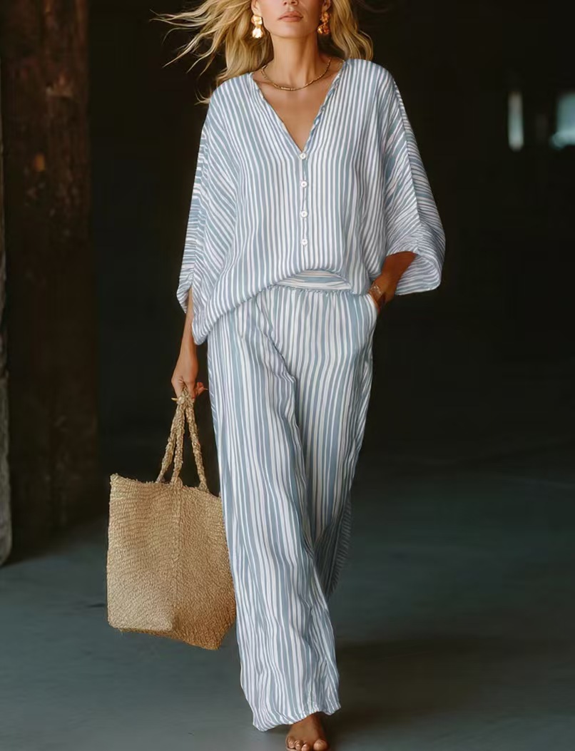 New 3D Striped V Neck Wide Leg Pants Set for Women Fashionable Casual Two Piece Set Cross Border Style for Vacation_ecoleips.com