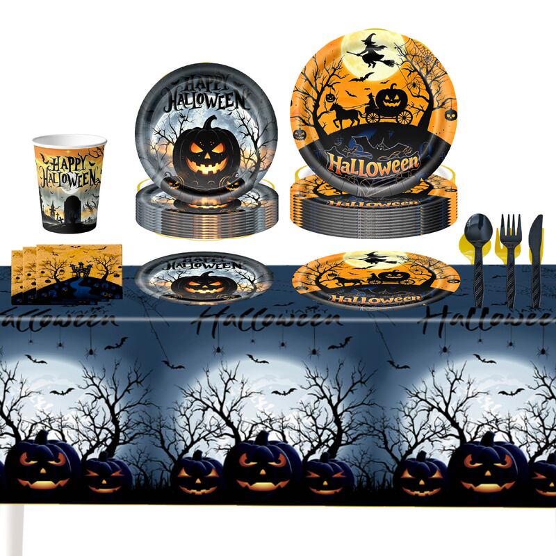 Cross-border Halloween party paper plate tableware set pumpkin ghost horror party decoration triangle flag Cross-border Halloween party paper plate tableware set pumpkin ghost horror party decoration triangle flag