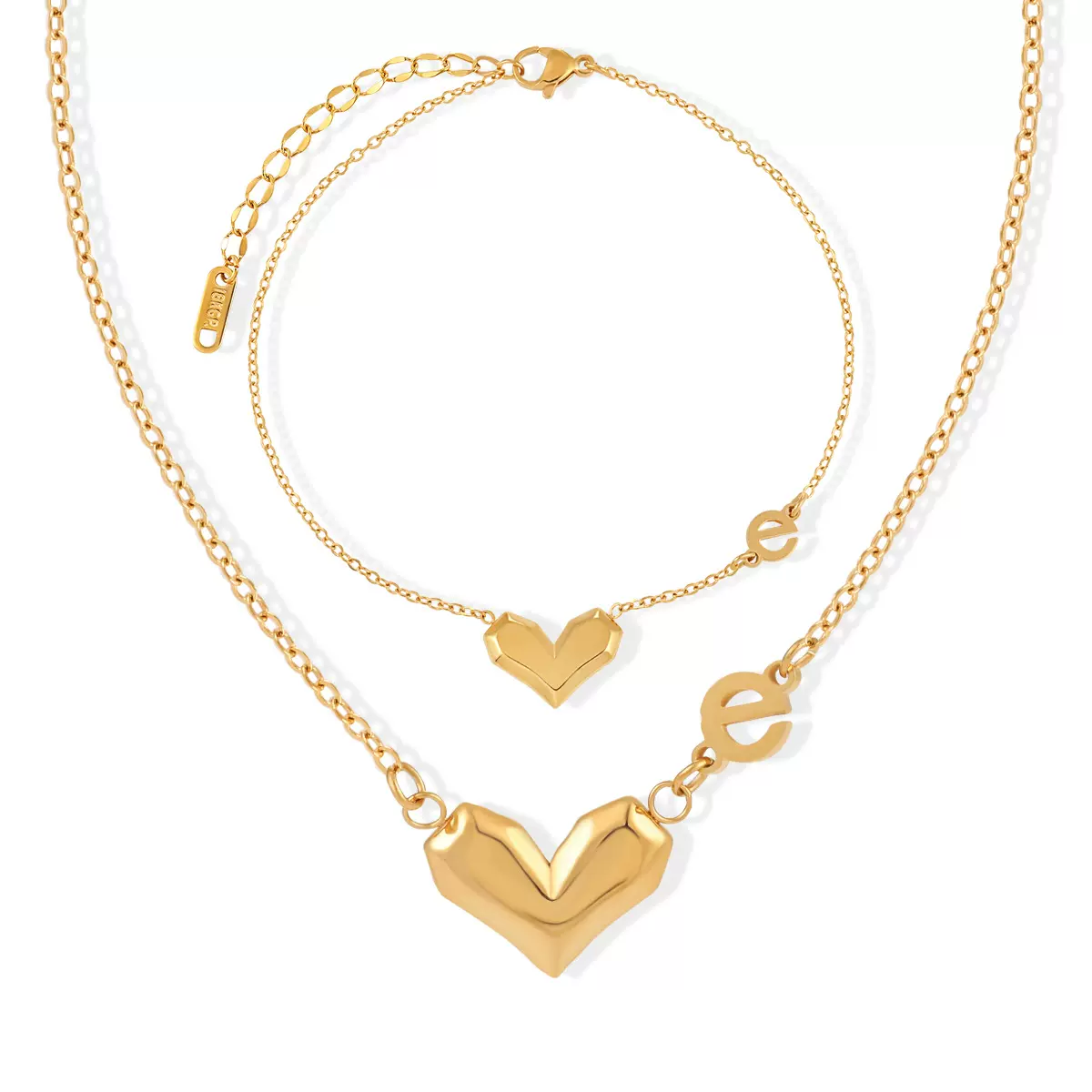 韩式新款一心一意爱你e生钛钢项链女脚链切面爱心e生有你首饰套装