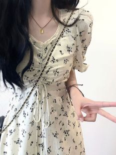 French Gentle Floral Dress for Women in Summer, New Design, High Waist, Slim Puff Sleeves, Super Fairy Temperament Long Skirt