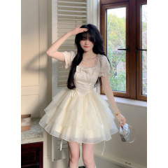 2025新款清风铃兰甜美公主风蝴蝶结短款连衣裙蓬蓬裙女春夏