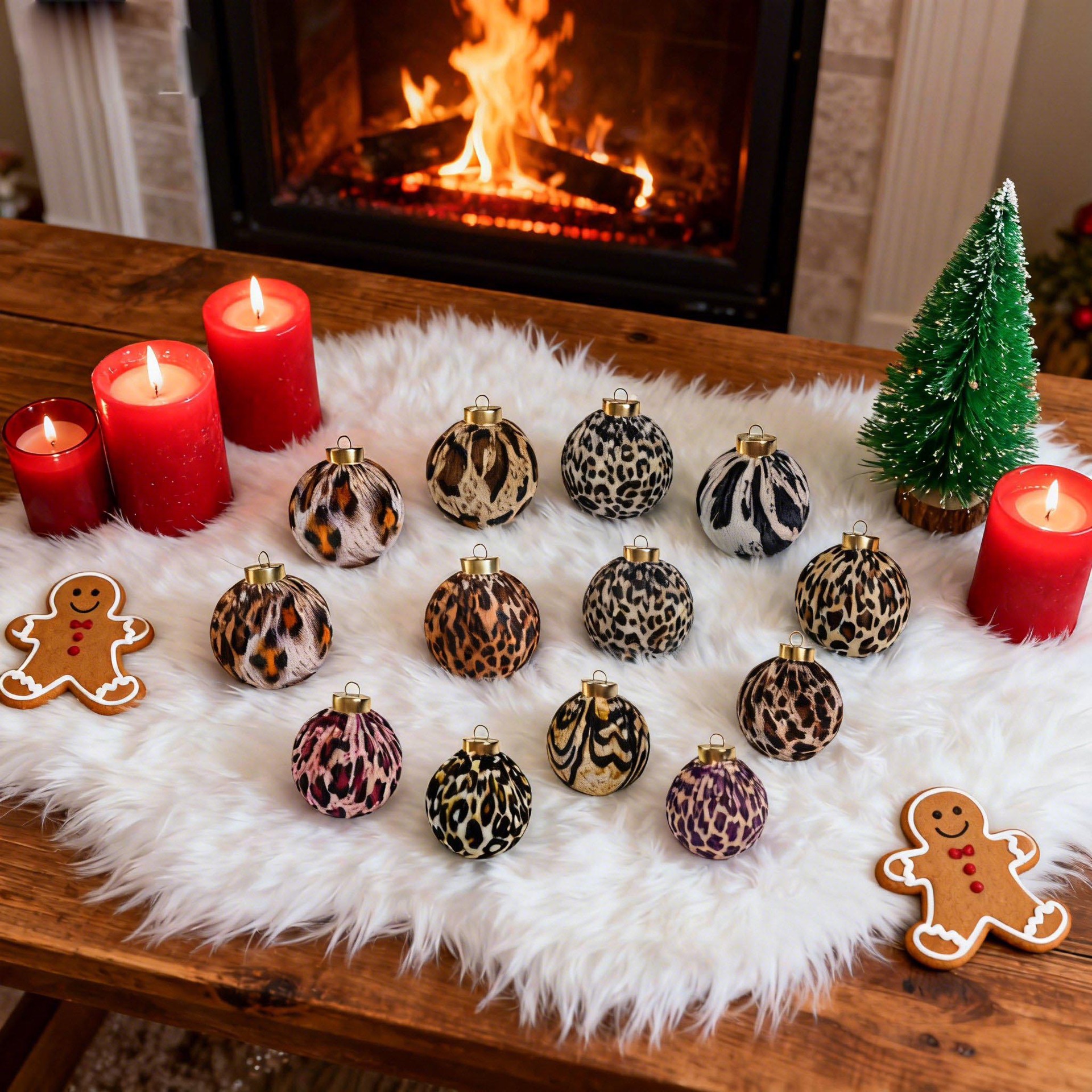 Explosión de 8CM tela de tela de plástico de Navidad hecha a mano bola de tela de tela de leopardo árbol de Navidad bola de decoración de Navidad