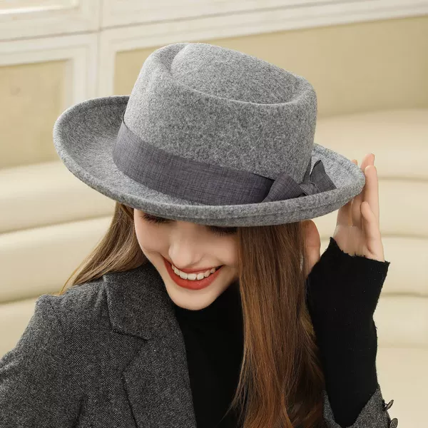 Autumn and Winter Felt Hat, Woolen Rolled Brim Flat Top Vintage Hat with Bow, British Style Versatile Casual Fashion Hat