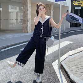 重工蕾丝拼接牛仔马夹阔腿裤两件套2026夏装新款时尚甜美减龄套装