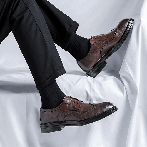  Men's Black Business Formal Leather Shoes Men's Thick Soled Casual British Style Groom's Wedding Shoes 6151-R