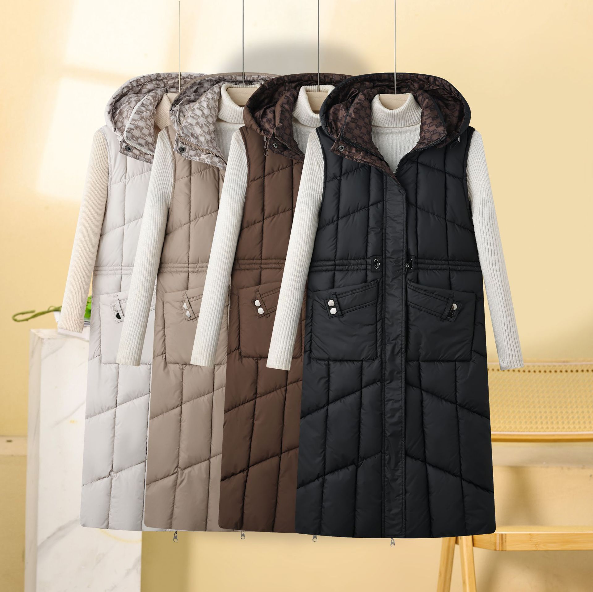 Cappotto gilet in cotone double face da donna – Piumino lungo e sottile invernale coreano, caldo capospalla reversibile (nero/bianco sporco/marrone/cachi, L-XXXL)_voghion.com