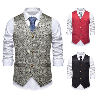 2025 Export Men's European Medieval Floral Retro Vest Fashion Slim Single-Breasted V Neck Suit Vest