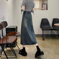 セメントの灰色のデニムの半身のスカートの女性の潮流は百合の新型のハイウエストに現れて痩せています。
