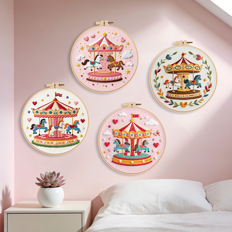 Nuevos productos originales de carrossel dibujos animados bordados diy paquetes de materiales hechos a mano Amazon venta caliente aguja conjunto inglés