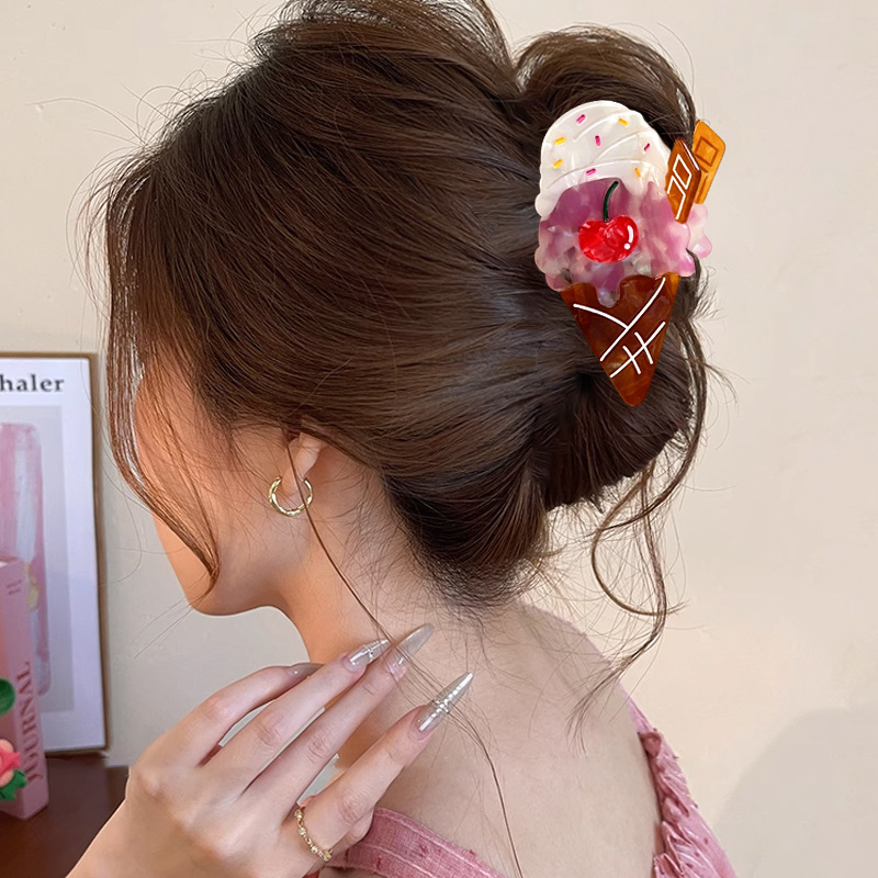 夏のフレッシュアイスクリームクリップ酢酸ニッチヘアクリップコーンスイカサメクリップミディアムかわいいヘアアクセサリー|undefined
