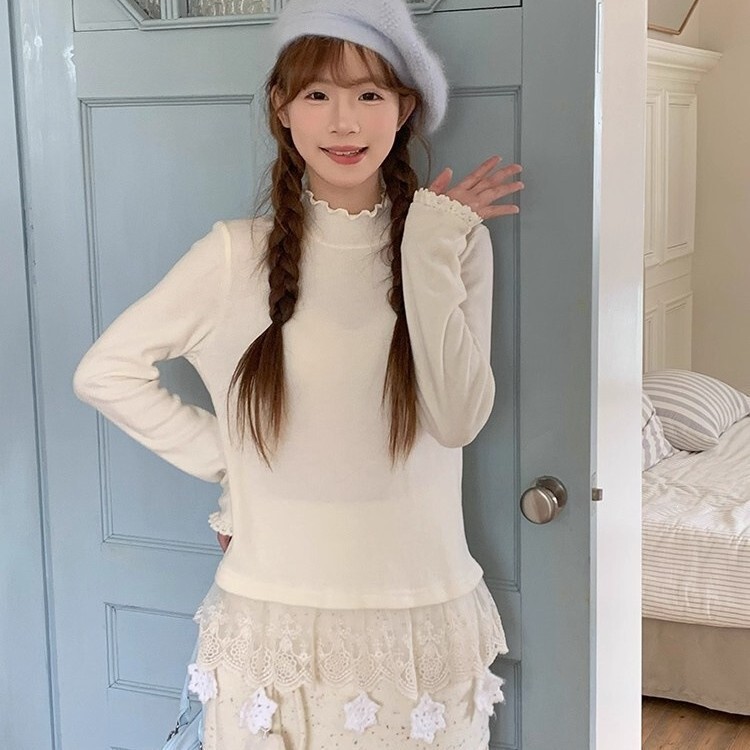 sinsingirl White Snow Flakes Autumn Off-White Snowflake Ruffle Collar Long-Sleeve T-Shirt Top for Women sinsingirl White Snow Flakes Autumn Off-White Snowflake Ruffle Collar Long-Sleeve T-Shirt Top for Women