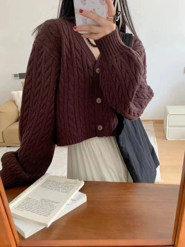 韩国东大门灯笼袖v领麻花毛衣外套短款外穿女宽松高腰针织开衫|undefined