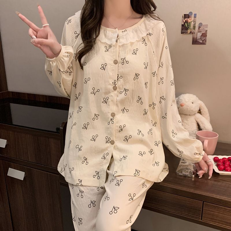 Al por mayor transfronterizo primavera y otoño nuevo algodón nubes ropa de hogar pijamas cardigans encaje conjunto casual con cojín de pecho