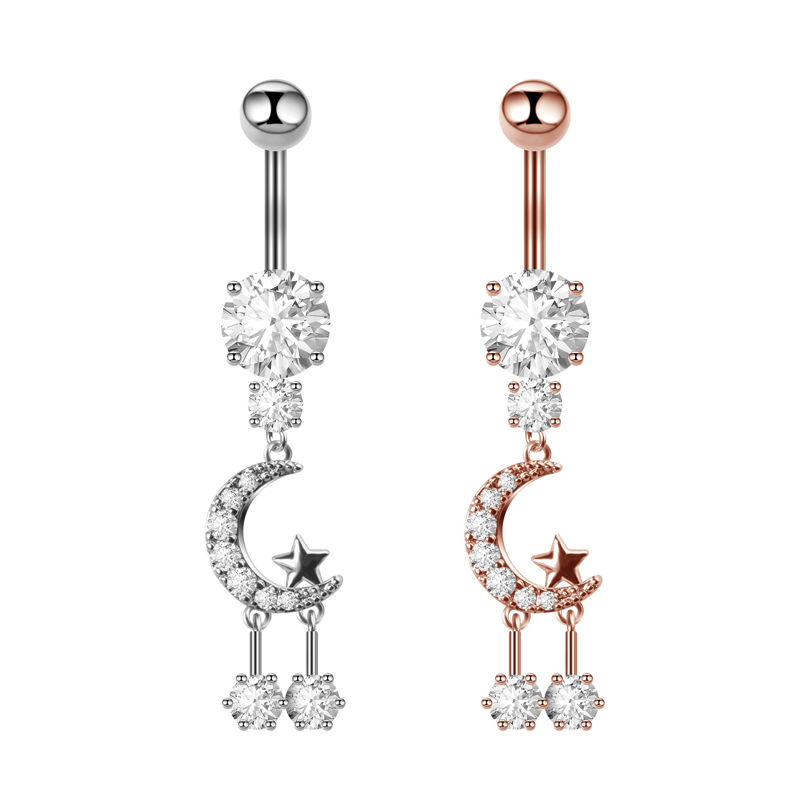Fashion New European And Cross-border Style Simple Stainless Steel Moon Zircon Navel Ring With Diamond-studded Easy To Wear_voghion.com