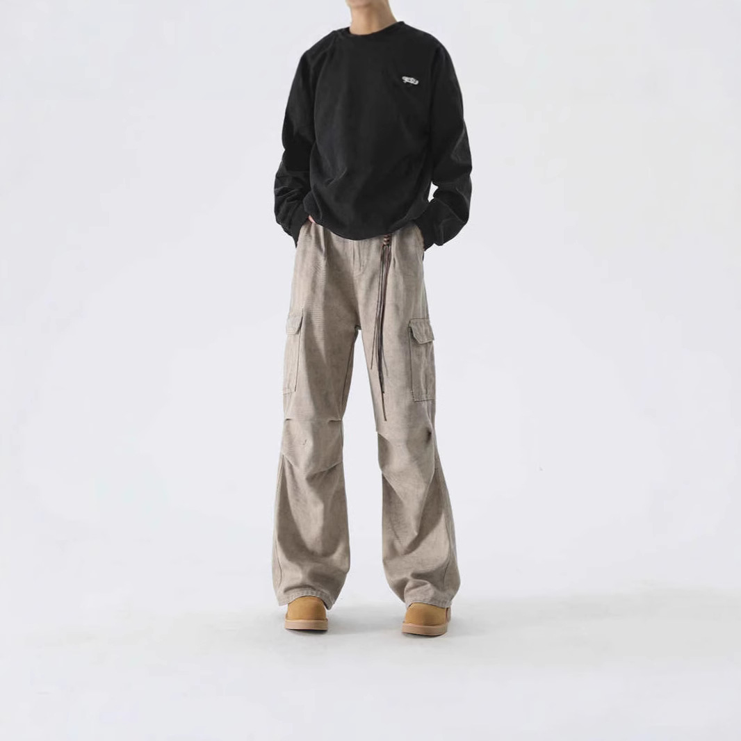 Marbled American Retro Paratrooper Cargo Pants Men's Spring and Autumn Vintage Wide-Leg Straight Trousers