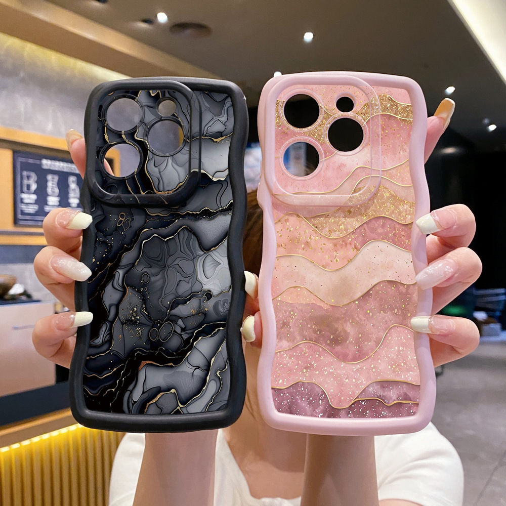 Suitable for Tecno Camon Pop Spark Protective Case Pink Black Marble Pattern Wavy Edge Anti-Fall Mobile Phone