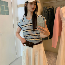 Allo Fu翻领针织衫夏季2024新款甜辣美式冰感休闲条纹薄款上衣826