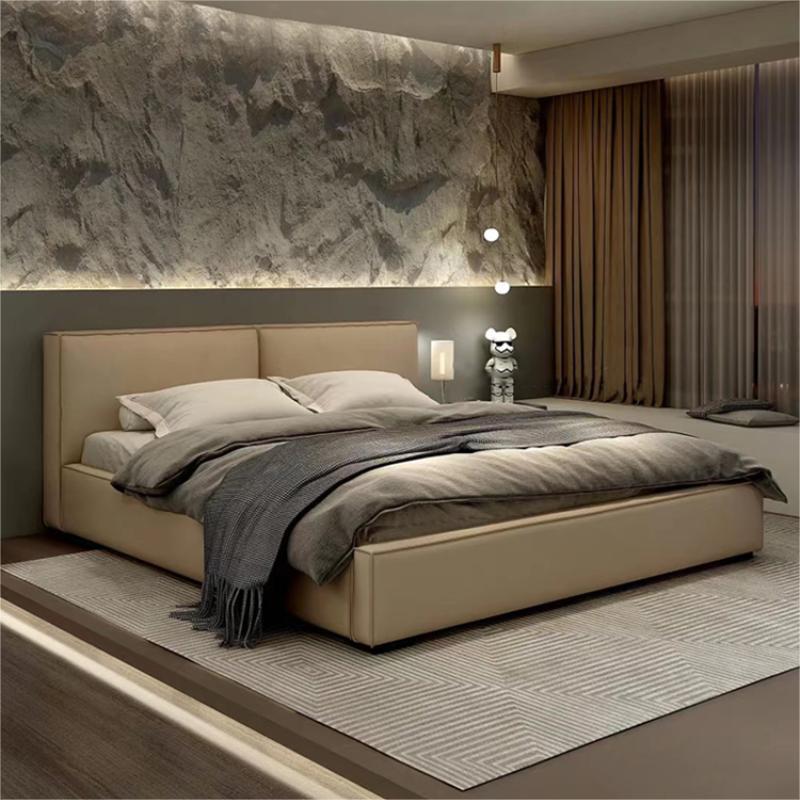 Cama de tofu de cuero minimalista italiana dormitorio de diseño de cuero de vaca, cama doble principal, caja alta y baja, cama de paquete suave image 3