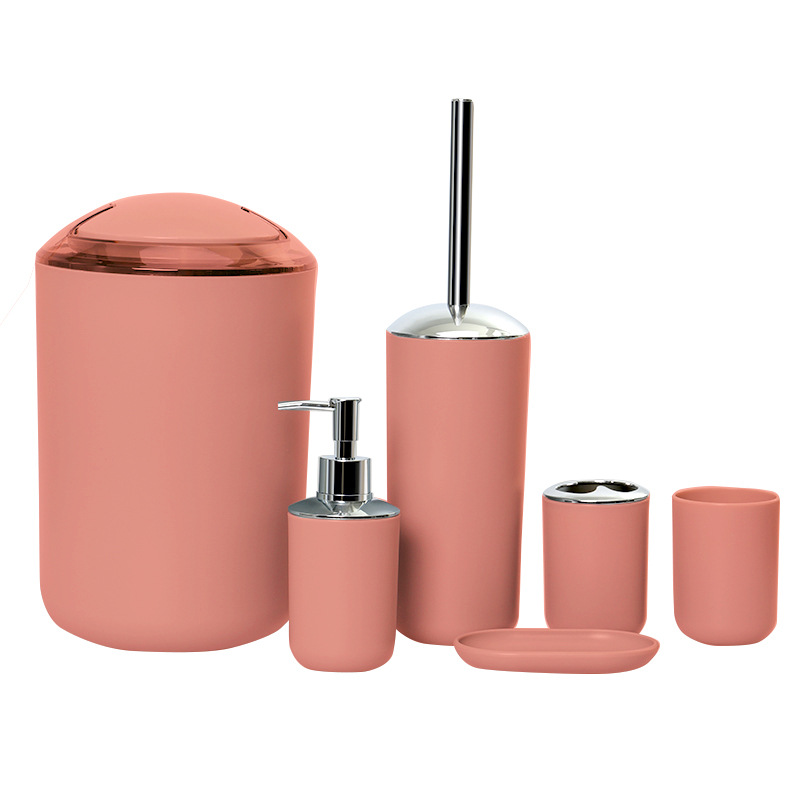 Artículos de baño de plástico de color sólido Juego de seis piezas de enjuague bucal, estante para cepillado, caja de jabón, almacenamiento de baño, juego de baño se puede personalizar