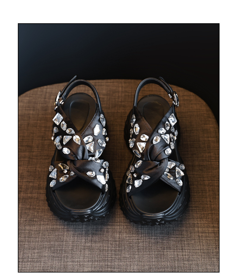 Sandal nữ đế dày tăng chiều cao đính đá phong cách La Mã — Màu đen, Màu bạc chi tiết 19