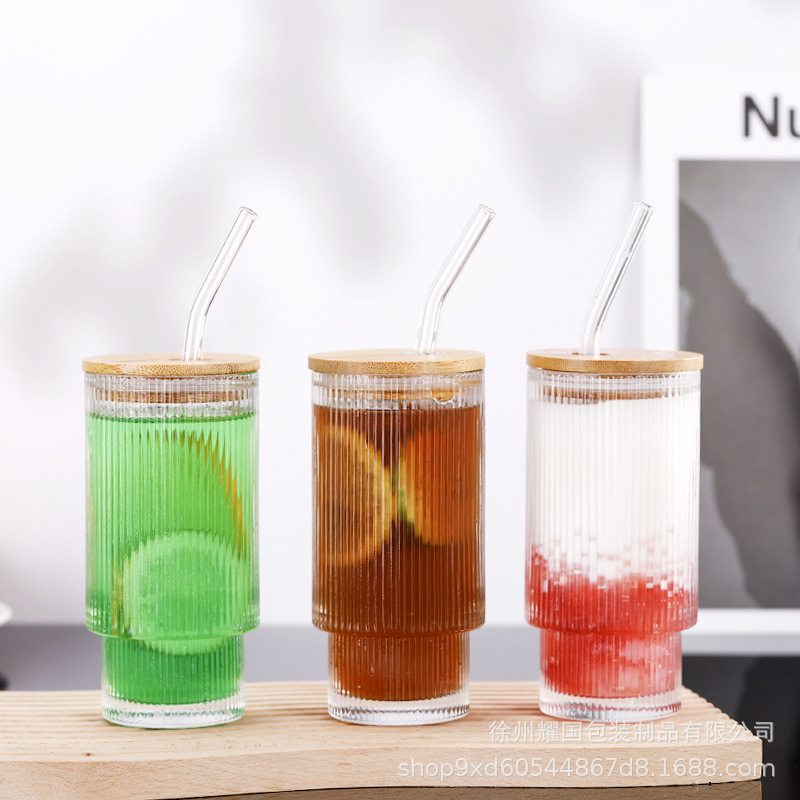 Exportación Amazon 11oz taza apilada de vidrio taza de bambú de patrón vertical transparente taza de sorbete de bebida de gran diámetro taza de jugo