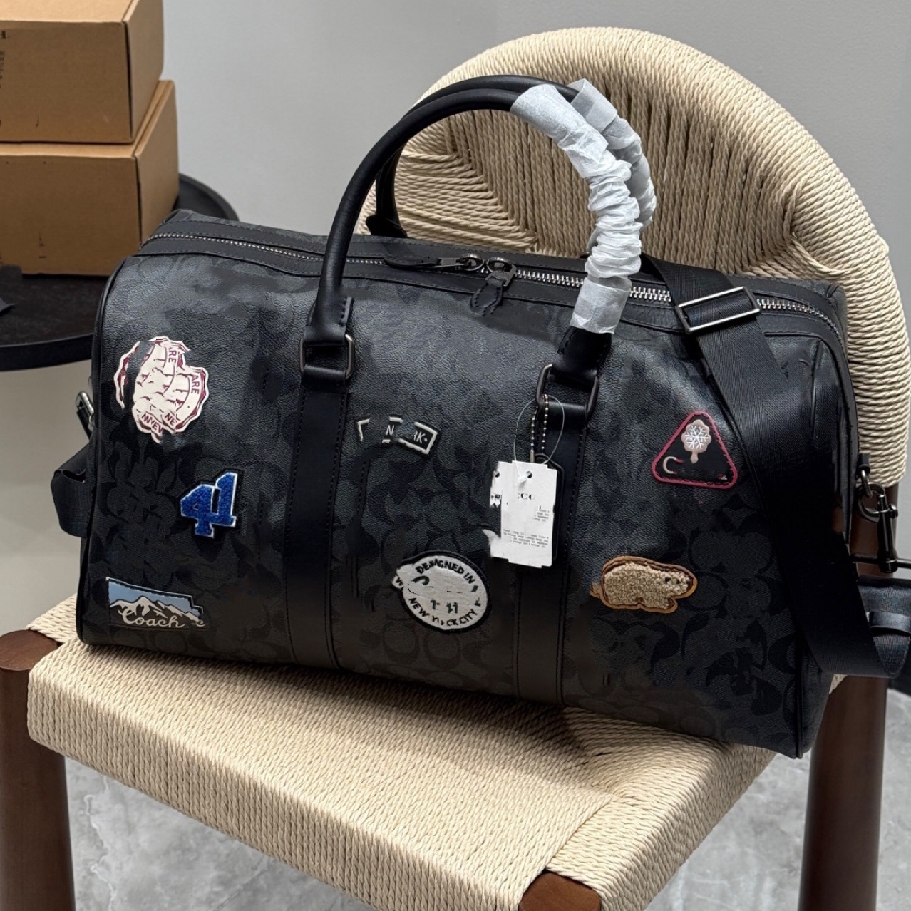 Coach Trekker Duffel Charcoal Signature Canvas With Patches