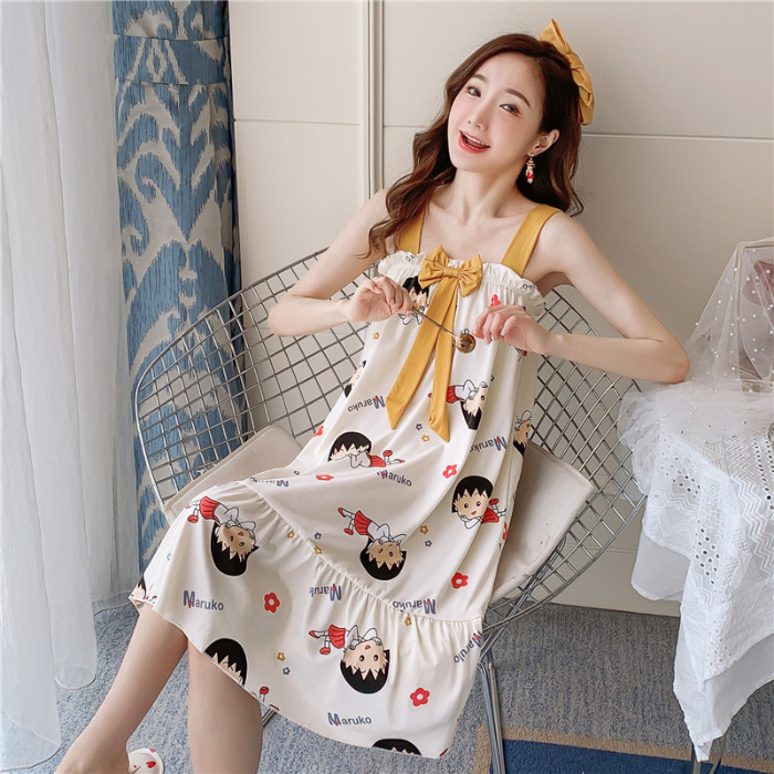 Comercio exterior 2023 correa de verano flojo camisón las mujeres largas dibujos animados arco dulce pijamas desgaste del hogar