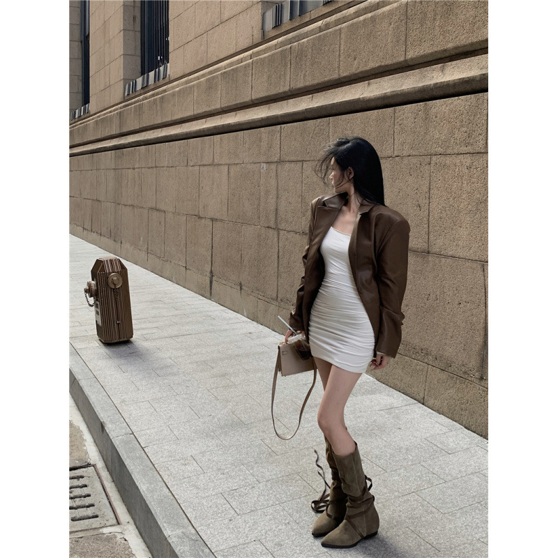 昕可达 肌理皮革 阔版上衣女春季PU皮衣气质垫肩黑色西装外套|undefined