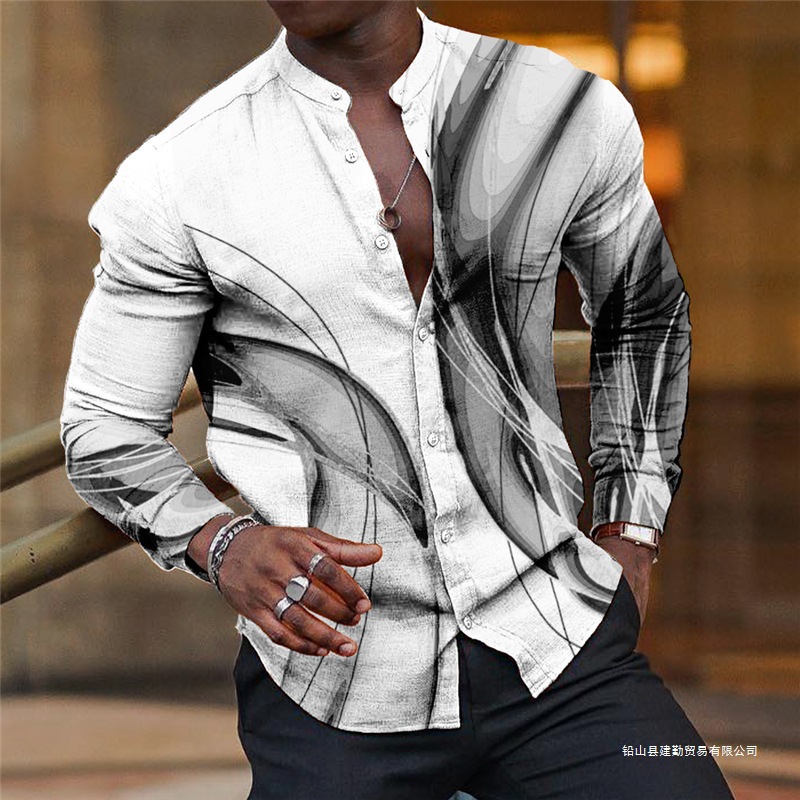 Comercio exterior 2024 camisa de manga larga Amazon ropa de hombre impresión de otoño hombre nuevo estilo europeo y americano Wish collar vertical