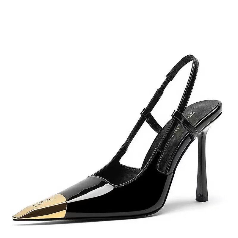 High-heeled shoes women's gold iron-toe socialite Yang Shulin patent leather black women's shoes stiletto heel sexy small square toe covered sandals