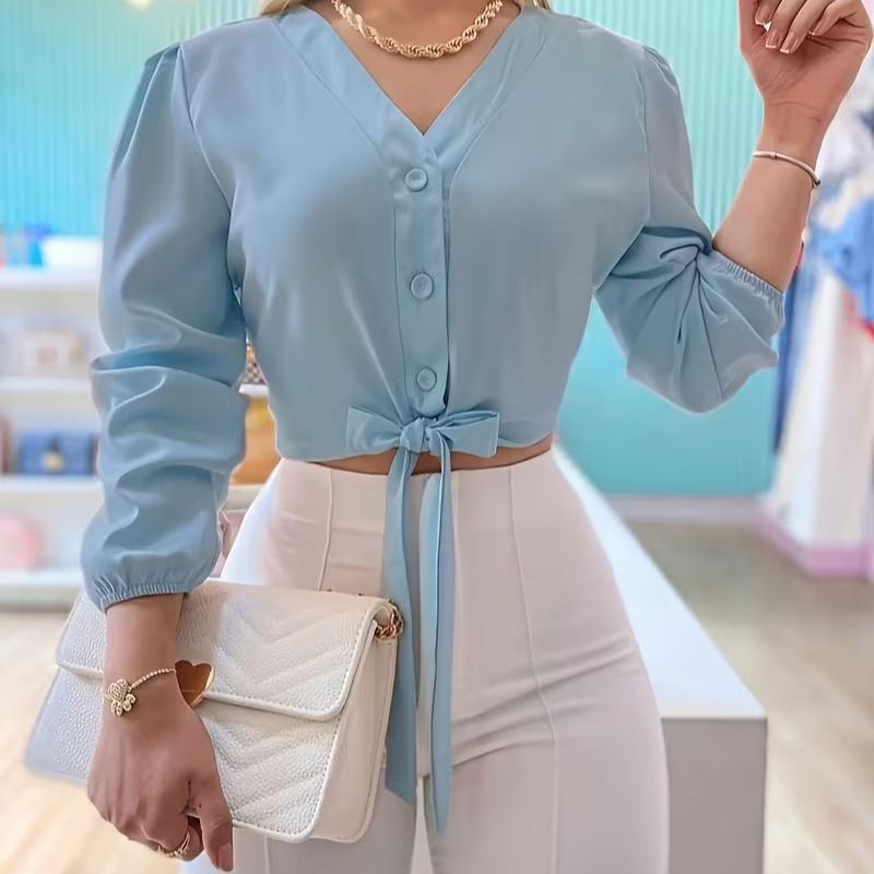 Cross-Border European and American Women's Clothing, Amazon Aliexpress Hot-Selling Shirts, Long-Sleeved Lace-Up Casual Simple Short Puff-Sleeve Tops Cross-Border European and American Women's Clothing, Amazon Aliexpress Hot-Selling Shirts, Long-Sleeved Lace-Up Casual Simple Short Puff-Sleeve Tops