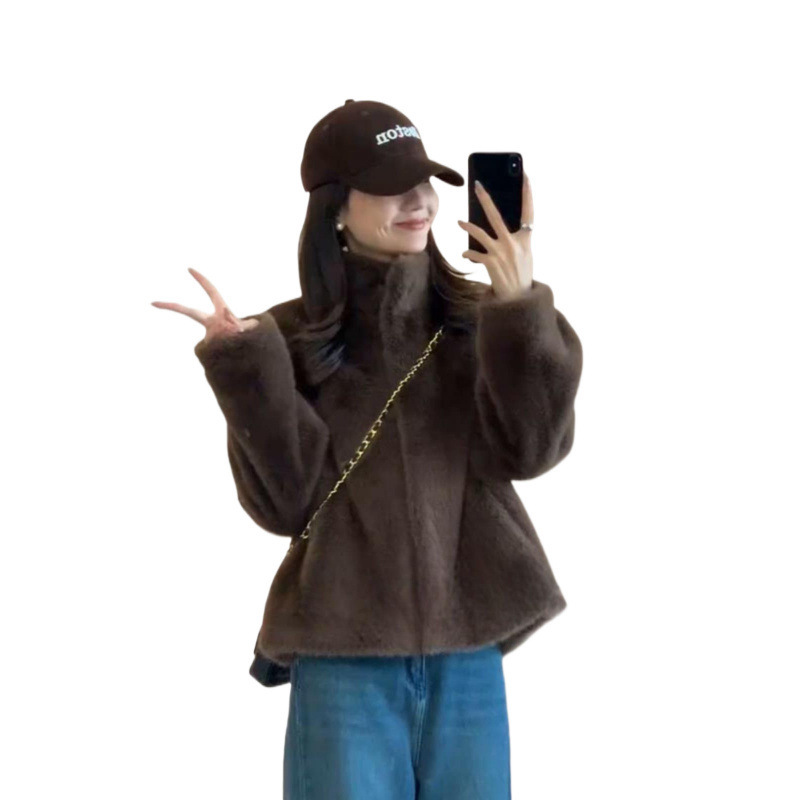 水貂绒皮毛一体外套女冬季2025新款立领加厚皮短款毛绒上衣|undefined