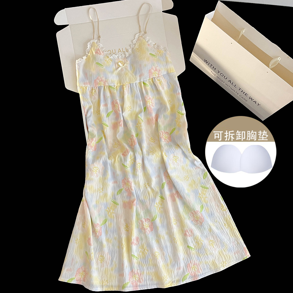 2026 vestido de pijama de mujer de verano cojín de pecho desmontable coreano encantador dibujos animados ropa doméstica de niña de verano en vivo