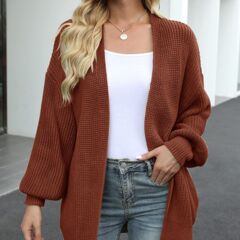 亚马逊外贸时尚女装灯笼袖粗针织开衫2025秋冬新款针织毛衣女外套