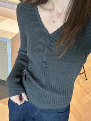 2025年新款秋冬季V领羊毛针织衫女穿搭修身潮减龄长袖打底衫上衣