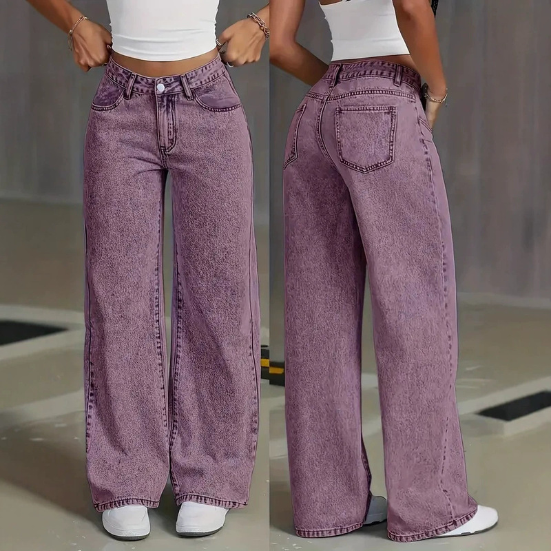 Cross-Border Women's Clothing Elastic Loose-Fitting Purple Retro Women's Loose and Comfortable High-Waisted Straight-Leg Jeans