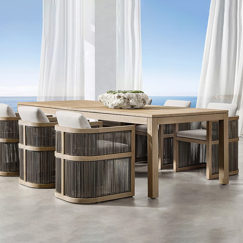 Mesa y silla de teca de caña al aire libre patio balcón al aire libre ocio de alta gama anticorrosión cuerda de madera trenzada silla combinación de muebles