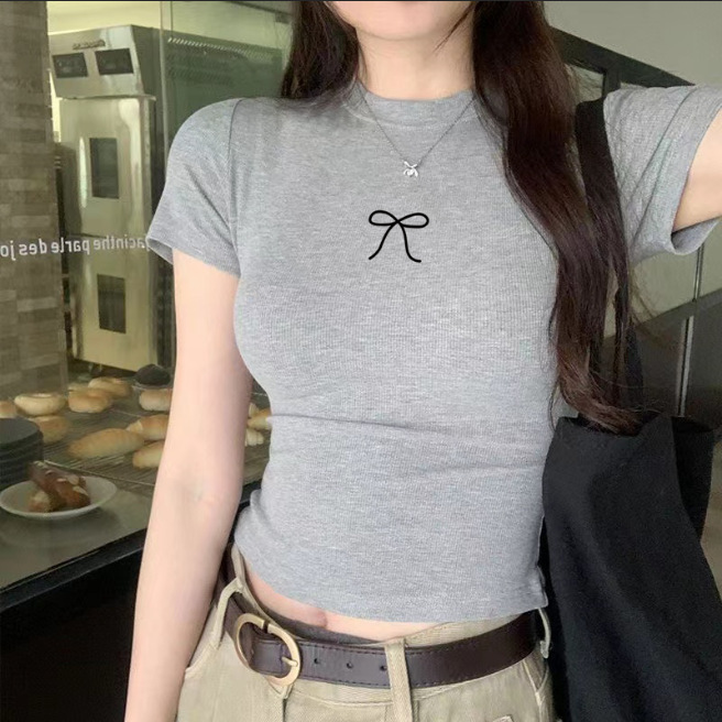 辣妹简约蝴蝶结高级感短袖新款美式休闲正肩显瘦T恤上衣服辣妹潮|undefined