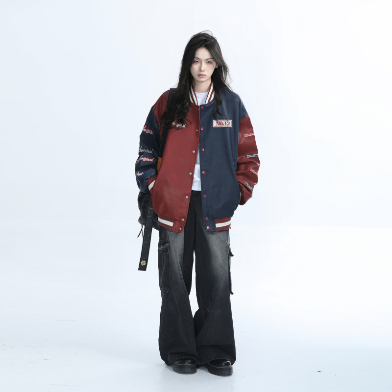 American Style Retro Trendy Brand Biker Suit Leather Jacket Women's Design Sense Niche Color Contrast Stitching Loose Baseball Suit Jacket