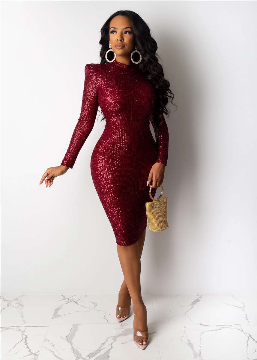 elastic sequins mid-length long sleeve tight dress NSYMS135937