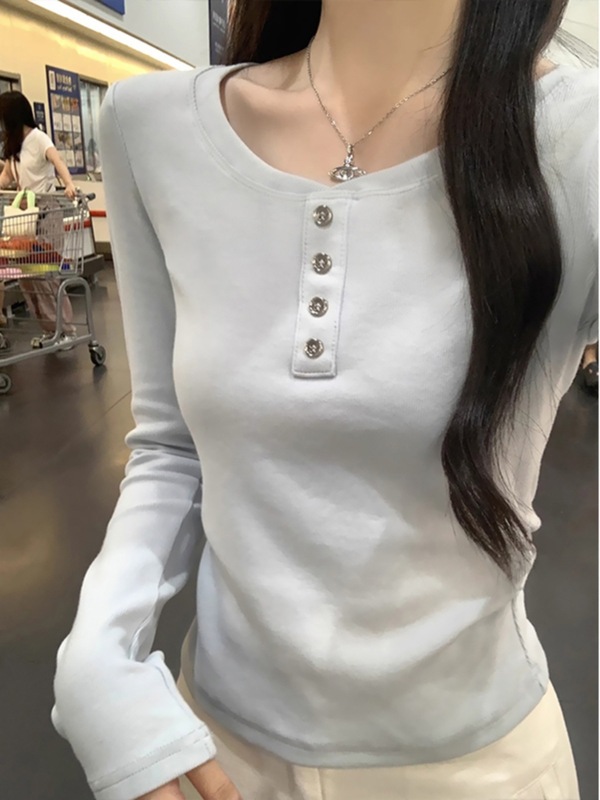 马卡龙蓝色韩版秋冬季新款百搭别致小众女褶皱收腰德绒长袖打底衫|undefined