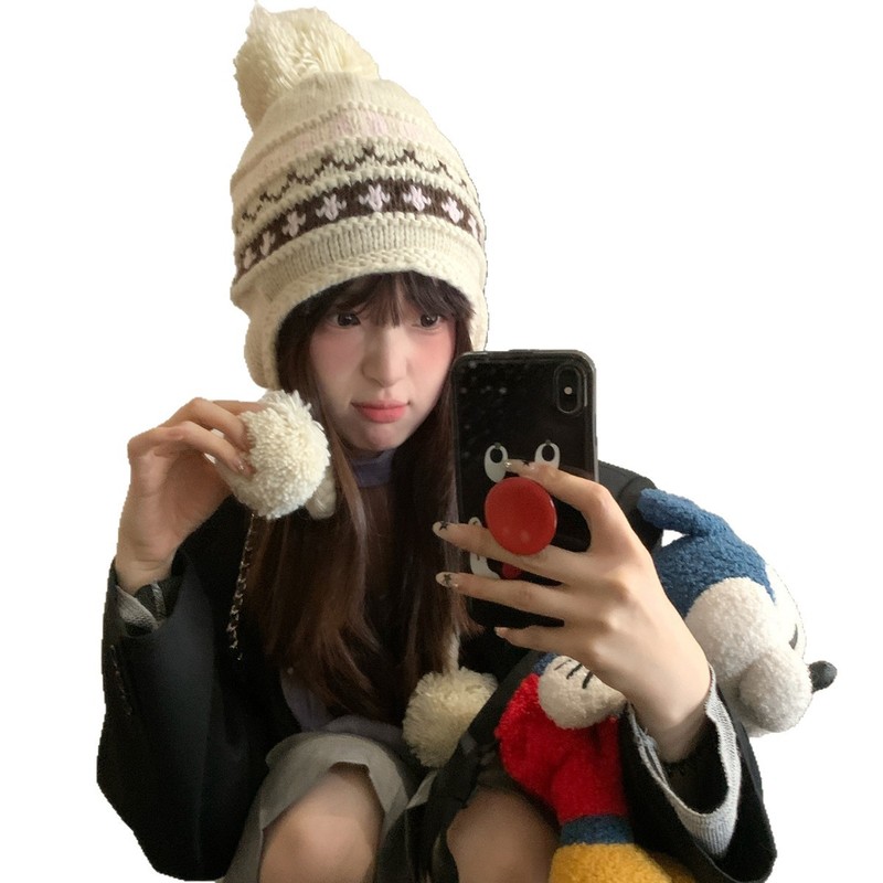 费尔岛风针织护耳雷锋帽女秋冬新款可爱毛球毛线帽显脸小百搭帽子|undefined