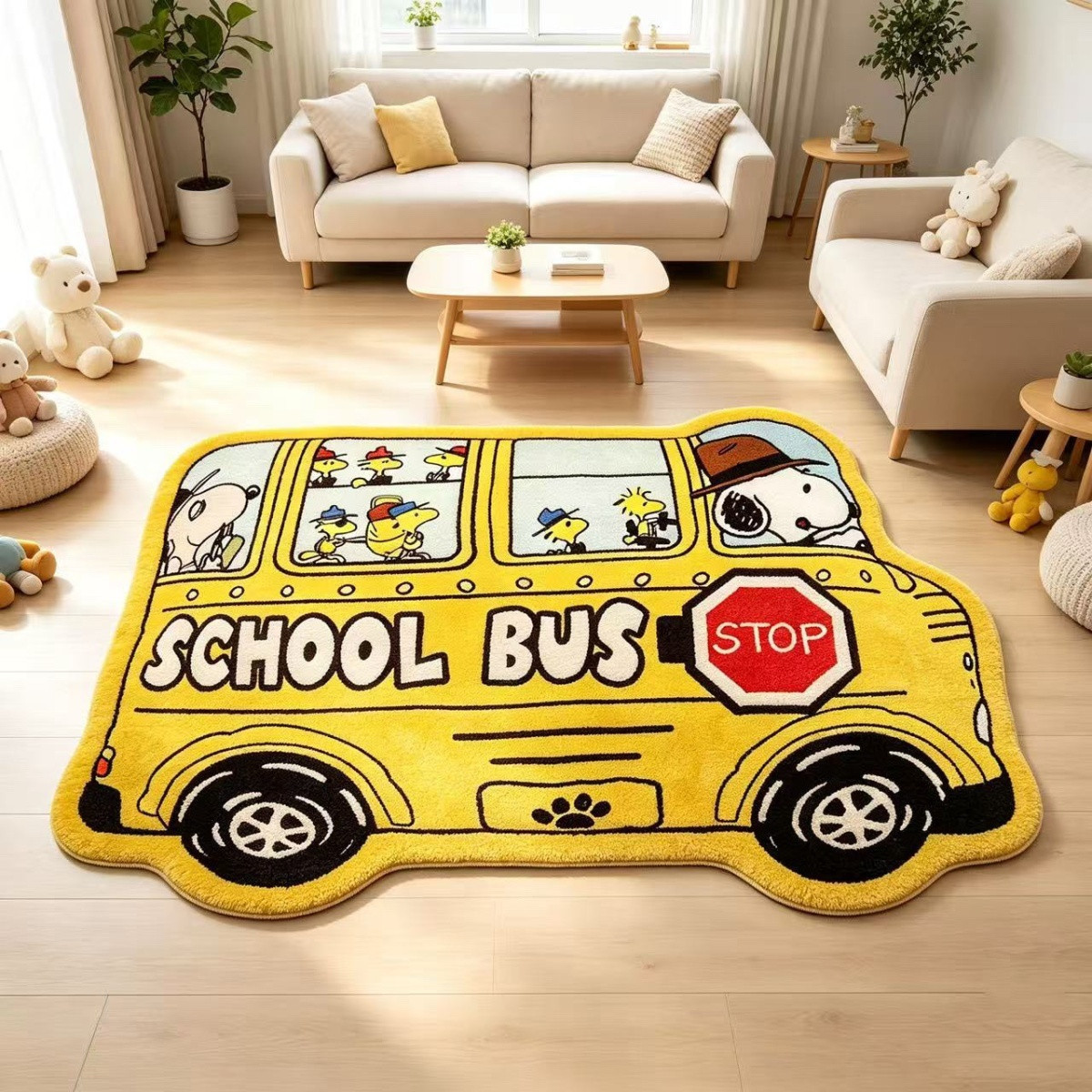Cartoon Bus School Bus Snoopy Puppy Imitation Cashmere Bedroom Thickened Decorative Floor Mat Entrance Hall Insulation Mat