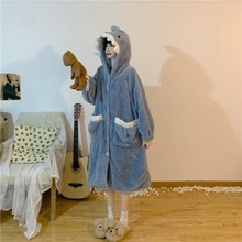 冬季睡衣少女小红薯热销款可爱卡通灰蓝鲨鱼长毛绒家居服睡袍抖音