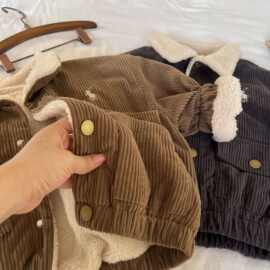 儿童加厚棉衣冬季新品男童女童坑条加绒棉服宝宝刺绣翻领时髦外套