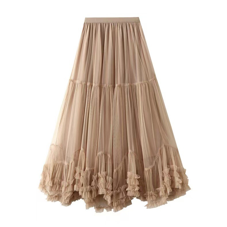 Cross-Border Large Hem Design Mesh Skirt 2025 New High-Waisted Slimming Look Tutu Skirt with Drapey Elegant