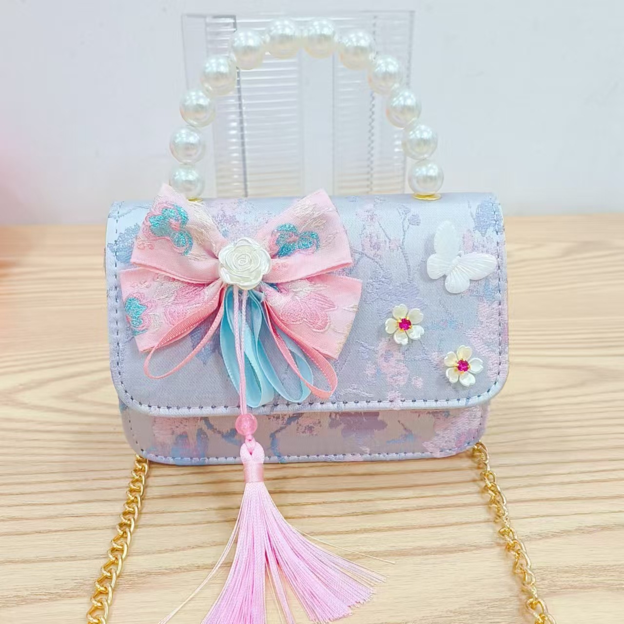 Guofeng princesa bolso de perlas, bolso de cambio de chicas, bolso de regalo para niños, bolso de accesorios de ropa china